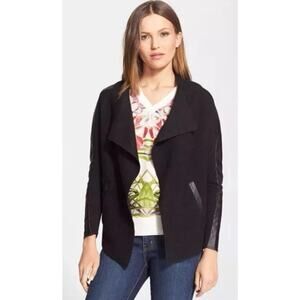Ted Baker London Hazie Black Boiled Wood Wrap Open Jacket With Leather Trim Sz 4